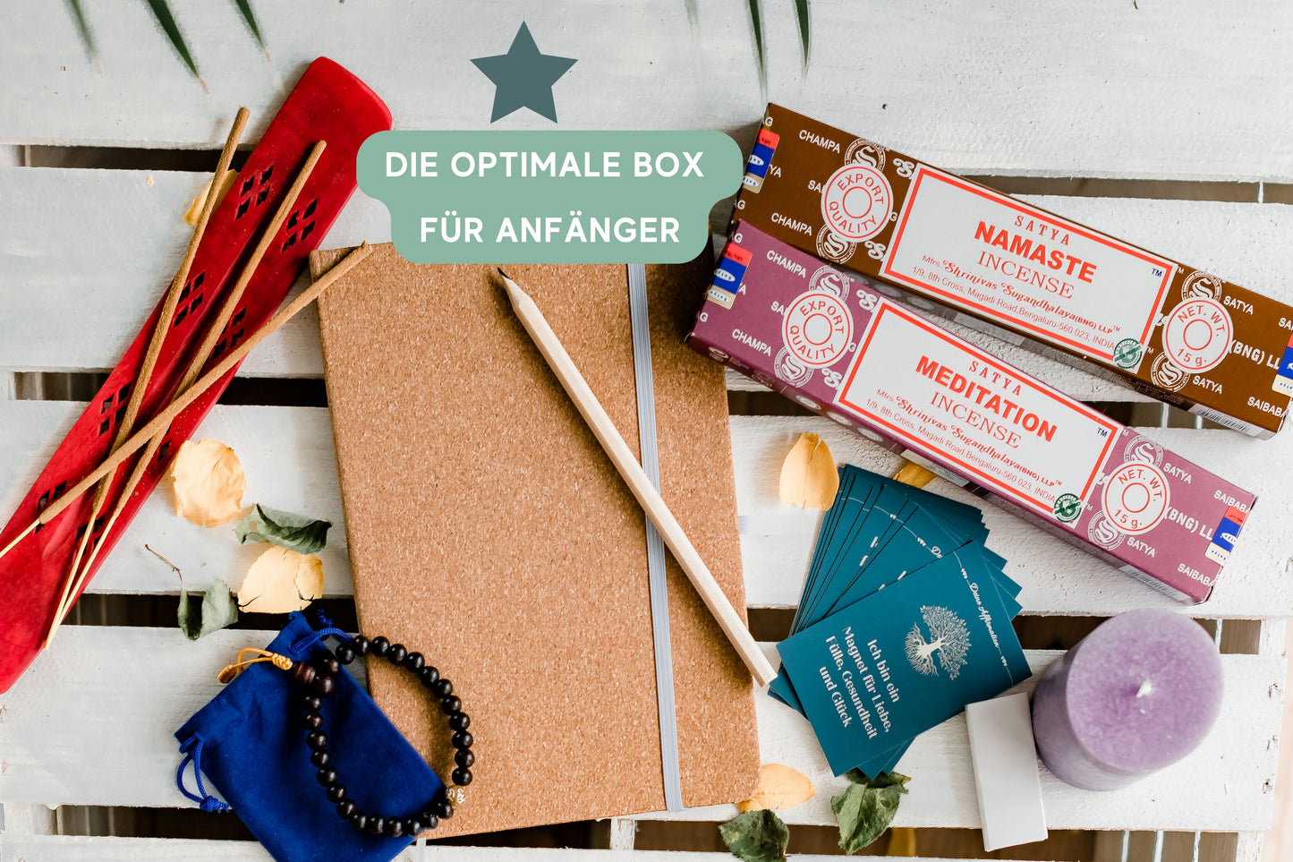 Meditationsbox, Räucherstäbchen, Mala, Journal, Kerze, Meditationskarten, Räucherstäbchenhalter, Kala Malu
