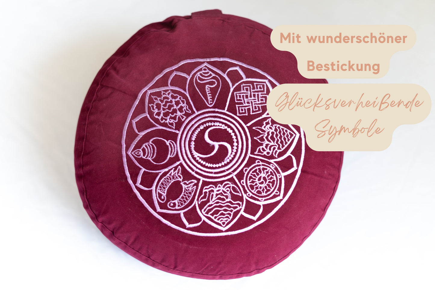 Bequemes Meditationskissen mit glücksverheißenden Symbolen für Meditation, Yoga & Co.