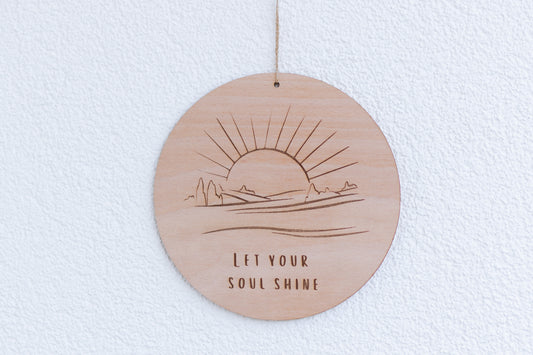 Spirituelle Deko aus Holz - Rustikale Dekoration "Let Your Soul Shine" - Wanddeko Sonne