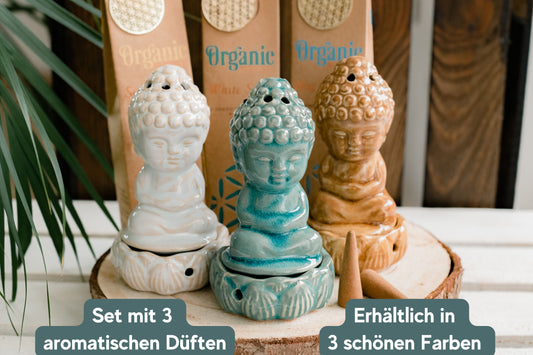 Dein Set: Wunderschöner Aromabrenner Buddha & 3x Räucherkegel - Wundervoller Begleiter für Meditation, Yoga & Entspannung