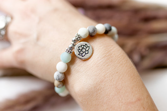 Mala-Armband "Glück" mit Amazonit Edelstein & Lotus Symbol - Perfekt zur Meditation & als Schmuck